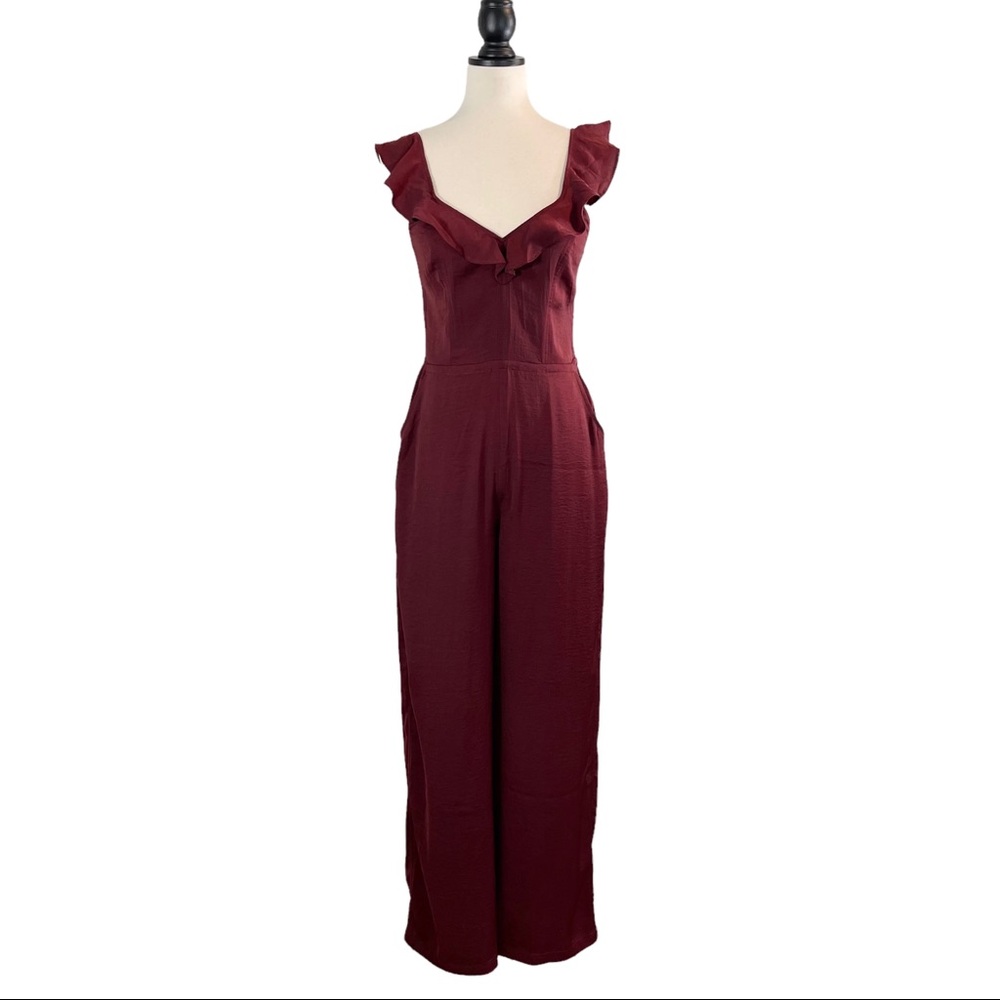 Express Wide Leg Jumpsuit Burgundy Wine Flutter Spaghetti Sleeve, Size 6